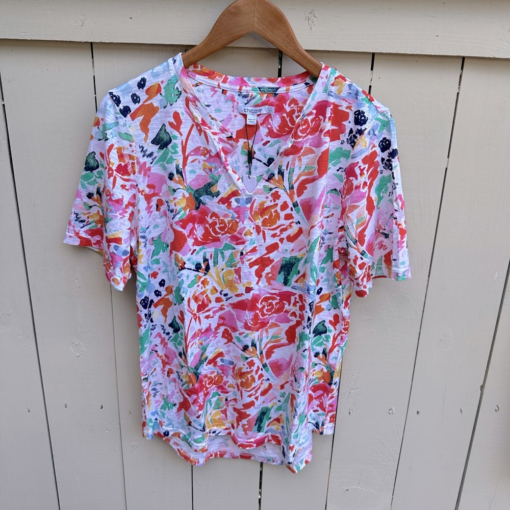 New Chicos tee watermelon punch cotton slug multi notch neck tee size L/2